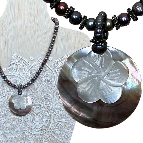 Vintage Jewelry - Vintage Purple Peacock Pearl Necklace Shell Pendant Festival Boho Cruise 15-18”
